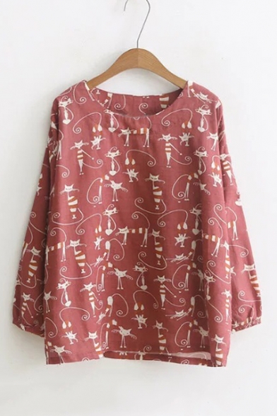 Cat Printed Round Neck Long Sleeve Pullover Oversize Loose Tee