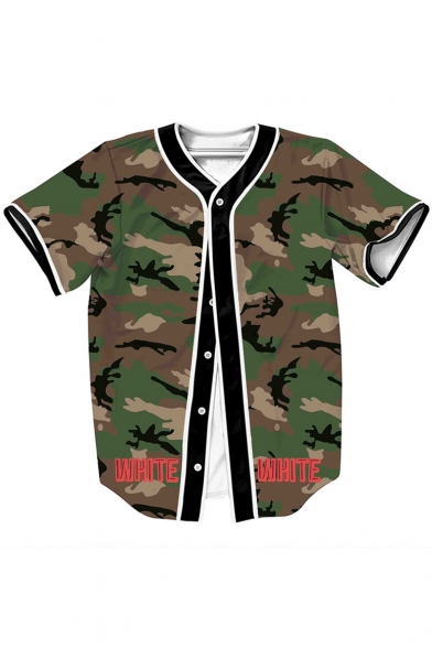 Collarless Short Sleeve Camouflage Printed Hip-Hop Style Single Breasted T-Shirt