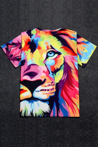 Color Block Lion Printed Round Neck Short Sleeve Graphic T-Shirt