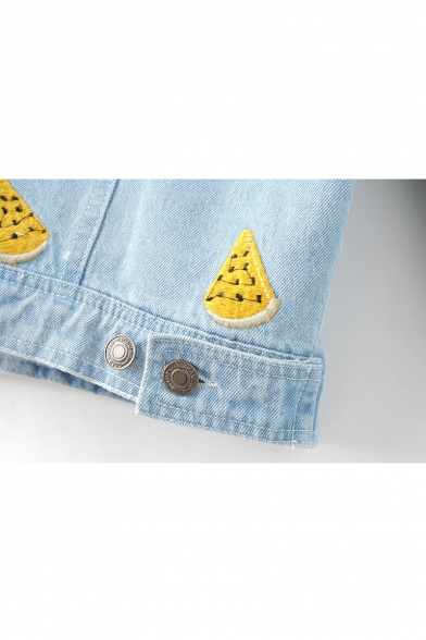 Embroidery Watermelon Single Breasted Lapel Denim Jacket Coat with Pockets