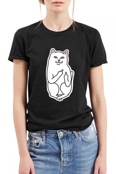 Fashion Cartoon Cat Printed Short Sleeve Casual Tee with Round Neck