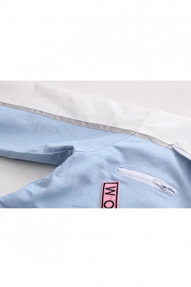 Folded Collar Long Sleeve Color Block Cartoon Patched Zip Placket Oversize Coat