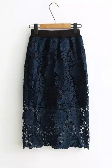 High Waist Hollow Out Crochet Feather Lace Inserted Midi Pencil Skirt