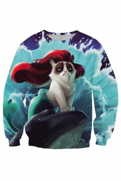 Hot Fashion Round Neck Long Sleeve Digital Cartoon Cat Pattern Pullover Sweatshirt