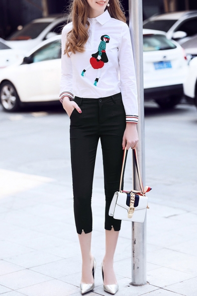 New Arrival Cartoon Appliqued Lapel Single Breasted Shirt with Plain Cropped Pants