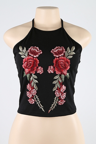 New Fashion Floral Embroidered Halter Neck Open Back Cropped Cami Top