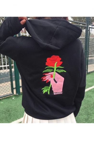 New Fashion Long Sleeve Rose Embroidered Oversize Hoodie for Couple