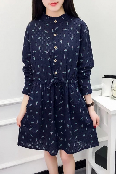 New Fresh Drawstring Waist Leaf Printed Long Sleeve Mini Dress with Buttons