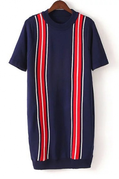 New Fresh Vertical Contrast Striped Short Sleeve Round Neck Mini Sweater Dress