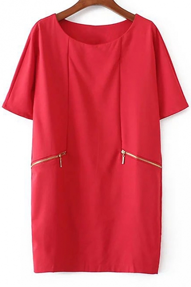 Round Neck Half Sleeve Double Zips Design Plain Shift Mini Dress