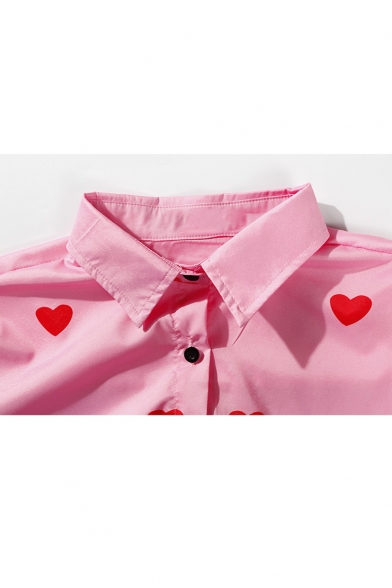 Sweetheart Printed Lapel Collar Long Sleeve Buttons Down High Low Hem Shirt