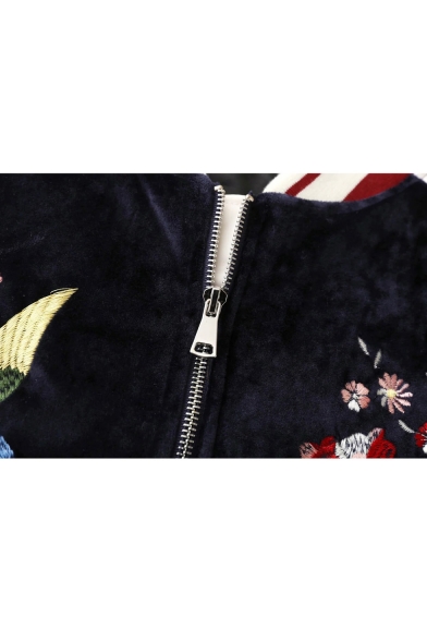 Women's Embroidery Floral Pattern Raglan Sleeve Color Block Zipper Placket Bomber Jacket