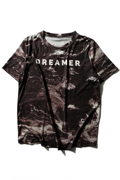DREAMER Letter Printed Color Block Short Sleeve Round Neck Casual Tee