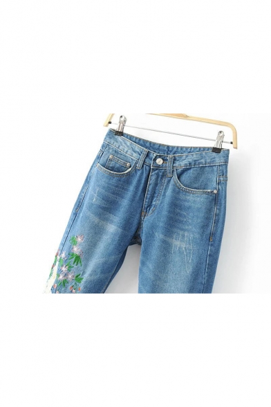 Embroidery Crane Floral Pattern Ripped Destroyed Cuffs Mid Waist Jeans