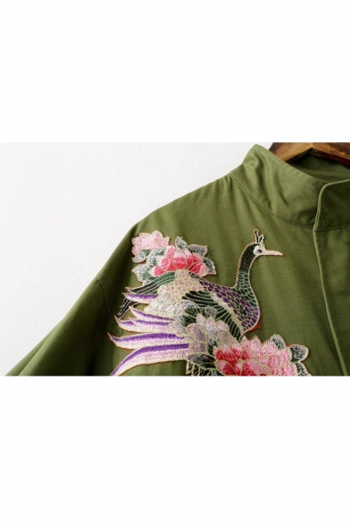 Embroidery Floral Peacock Appliqued Zipper Placket Drawstring Hem Tunic Coat