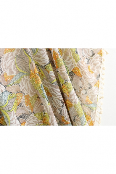 Fresh Floral Printed Tassel Pom-Pom Cuffs Cape Kimonos