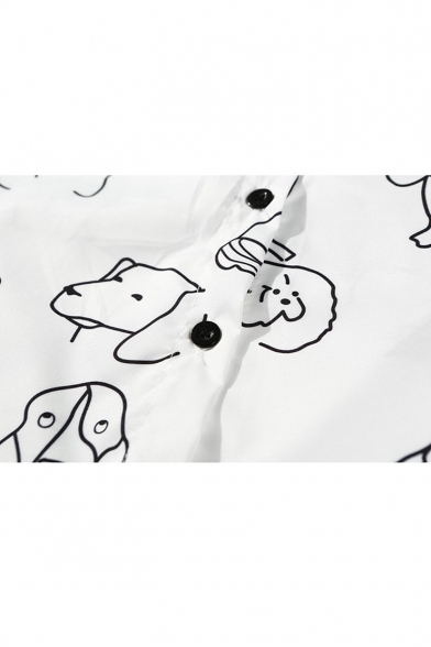 Lapel Collar Long Sleeve Dog Printed Buttons Down High Low Hem Casual Shirt
