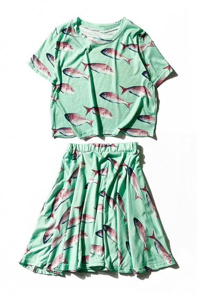 Leisure Fish Printed Short Sleeve Round Neck with Elastic Waist Mini A-Line Skirt