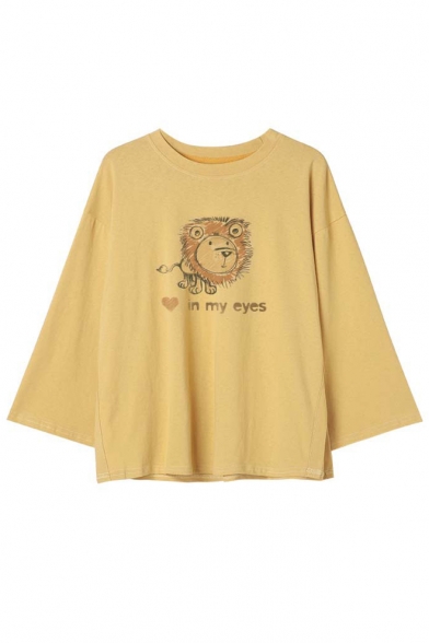 Lovely Lion Cartoon Letter Printed 3/4 Length Sleeve Split Sides T-Shirt