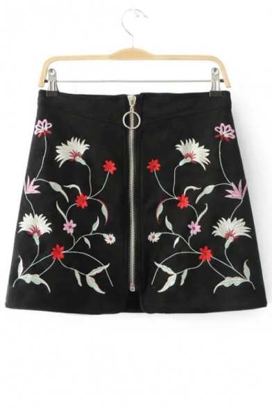 New Arrival Zipper Front Embroidery Floral Pattern Mini A-Line Skirt