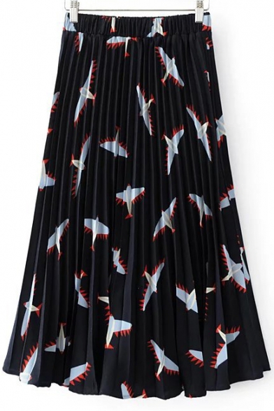Summer's New Arrival Elastic Waist Plane Printed Pleated Midi Skirt