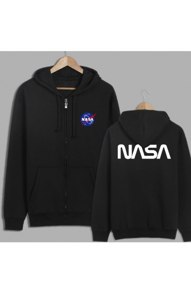 Unisex Couple NASA Logo Printed Drawstring Hooded Zipper Placket Hoodie Sweatshirt