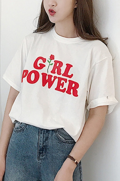 Casual GIRL POWER Letter Printed Short Sleeve Round Neck Tee