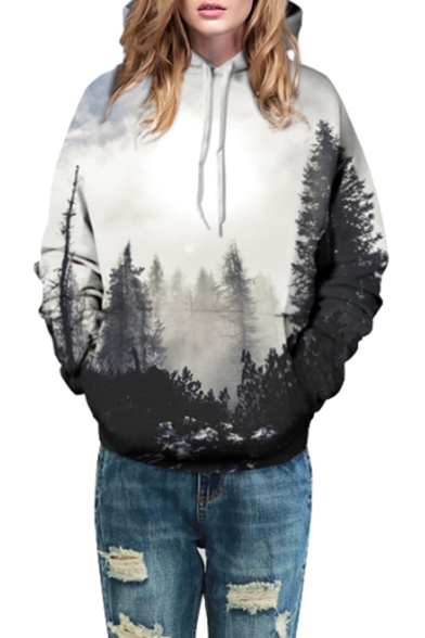 Color Block Forest Printed Loose Oversize Leisure Hoodie for Couple