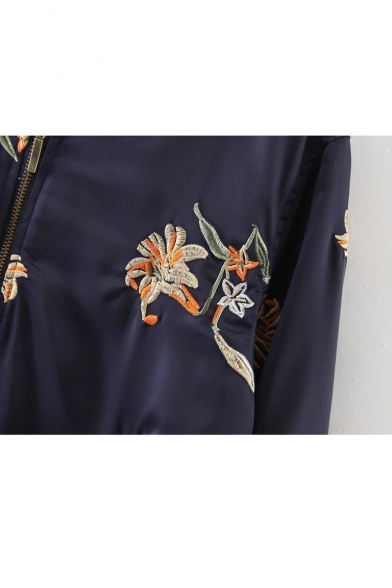 Embroidery Floral Zipper Placket Stand-Up Collar Bomber Jacket with Slant Pockets