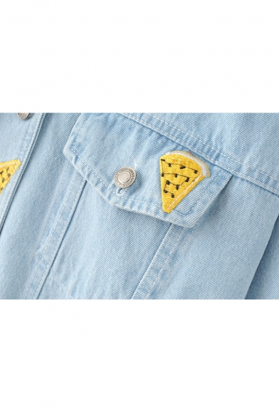 Embroidery Watermelon Single Breasted Lapel Denim Jacket Coat with Pockets