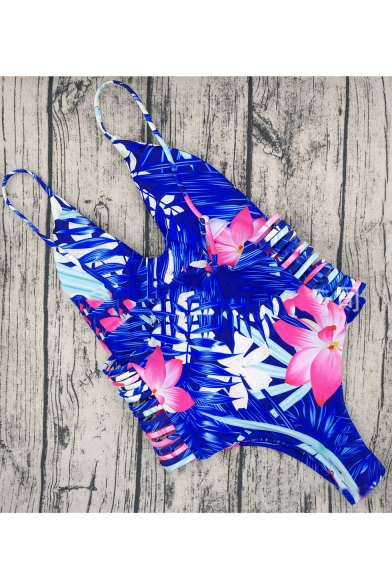 Fashion Color Block Printed Spaghetti Straps One Pieces Swimsuit