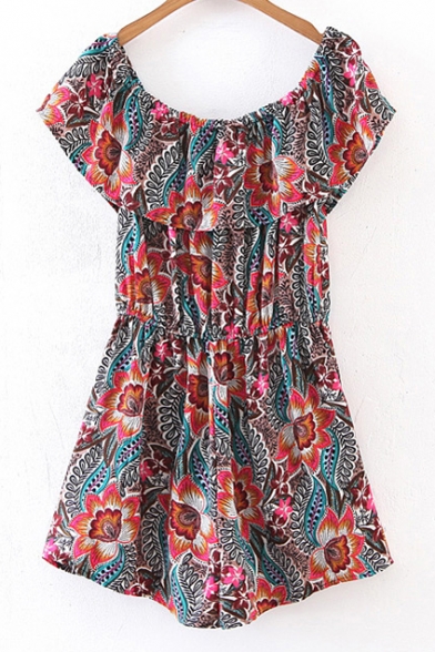 Floral Printed Off the Shoulder Ruffle Front Drawstring Waist Rompers