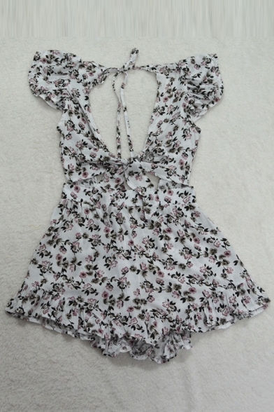 Floral Printed Ruffle Hem Sleeve Plunge Neck Bow Tie Waist Open Back Rompers