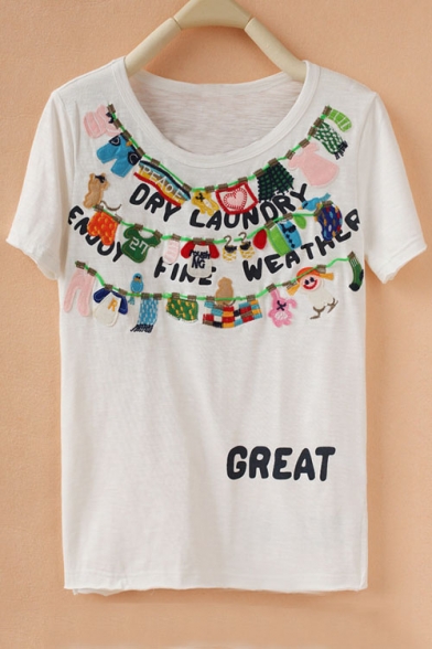 Funny Cartoon Letter Printed Round Neck Short Sleeve Pullover T-Shirt