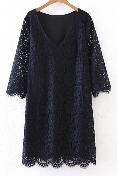 Glamorous V-Neck Lace Overlay 3/4 Length Sleeve Mini Shift Dress