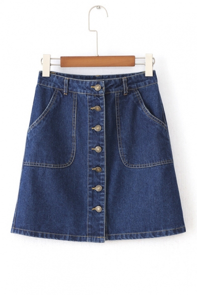 High Rise Single Breasted Plain Denim A-Line Bodycon Mini Skirt with Slanting Pockets