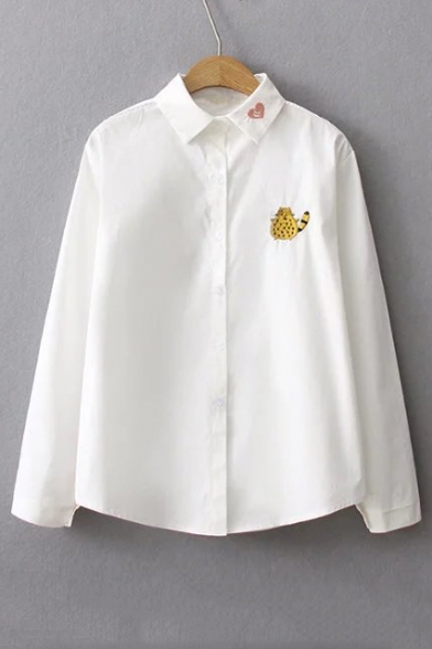 Lovely Cat Embroidered Lapel Collar Long Sleeve Cotton Buttons Down Shirt