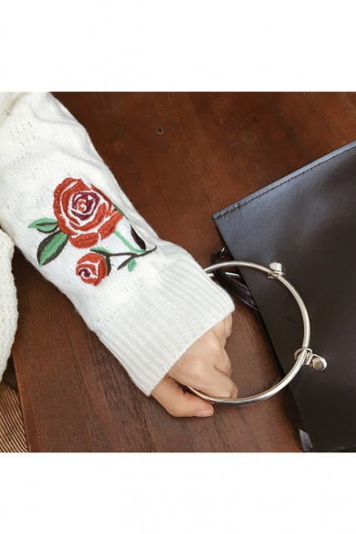 New Fashion Retro Rose Embroidered Round Neck Long Sleeve Cable Knit Sweater