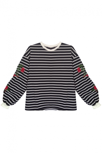 Striped Printed Floral Embroidered Round Neck Long Sleeve Pullover Leisure Sweatshirt