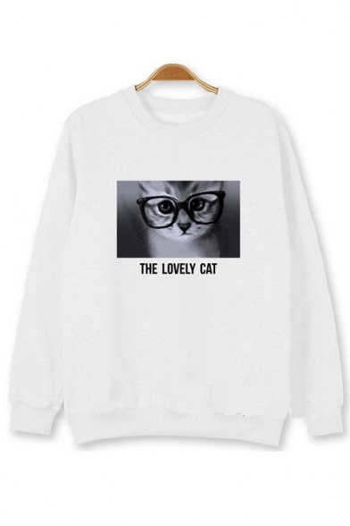 Unisex Cat Printed Long Sleeve Round Neck Pullover Sweatshirt