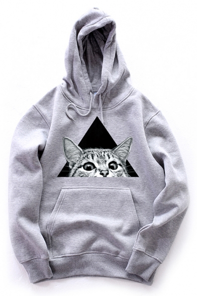 Unisex Drawstring Hooded Geometric Cat Printed Long Sleeve Hoodie Sweatshirt