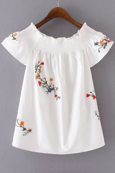 Women's Boat Neck Short Sleeve Embroidery Floral Pattern Leisure Blouse