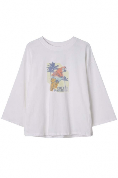 Cartoon Parrot Printed Split Bell 3/4 Length Sleeve Round Neck T-Shirt