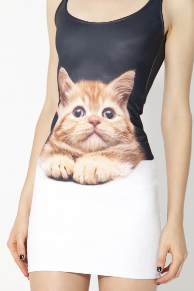Digital Cat Printed Scoop Neck Sleeveless Mini Bodycon Tank Dress