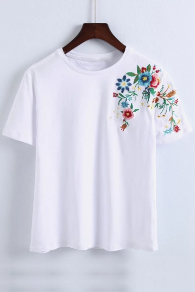 Embroidery Floral Shoulder Short Sleeve Round Neck Casual Tee