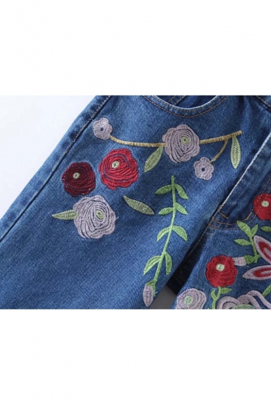 Fashion High Waist Embroidery Floral Pattern Straight Jeans