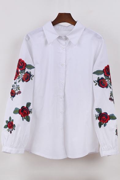 Fashion Single Breasted Embroidery Floral Pattern in Sleeve Lapel Shirt