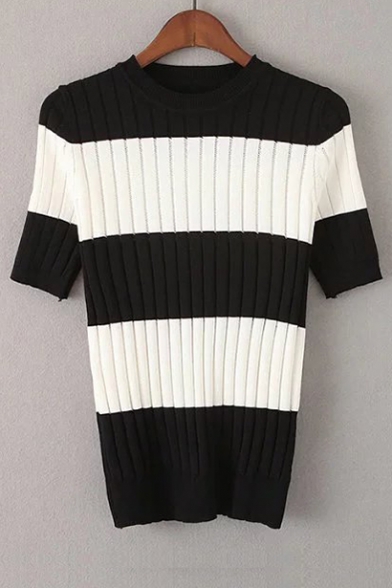 Fashion Striped Color Block Short Sleeve Sweater with Plain Pleated Skirt Co-ords