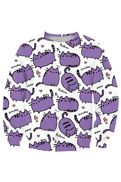 Purple Cat Letter Printed Round Neck Long Sleeve Pullover Casual Loose Sweatshirt
