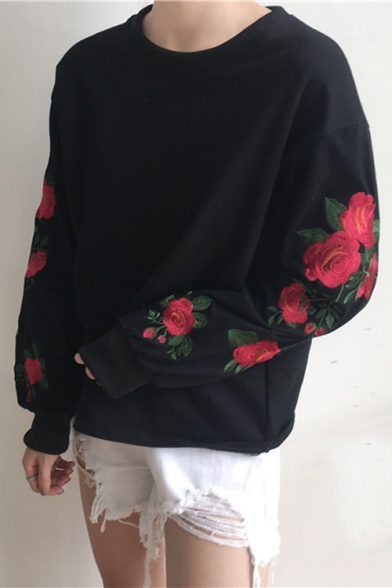 Round Neck Long Sleeve Floral Rose Embroidered Casual Loose Pullover Sweatshirt